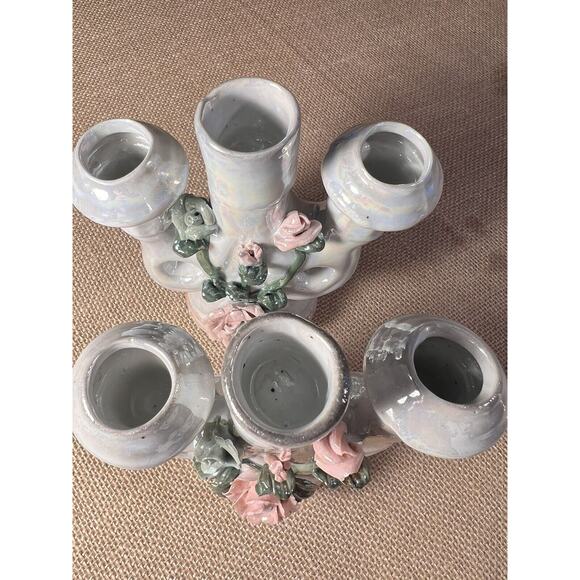 Lusterware Mid Century Opalescent Porcelain Rose Candelabra--Set of 2--Vintage - Picture 5 of 12